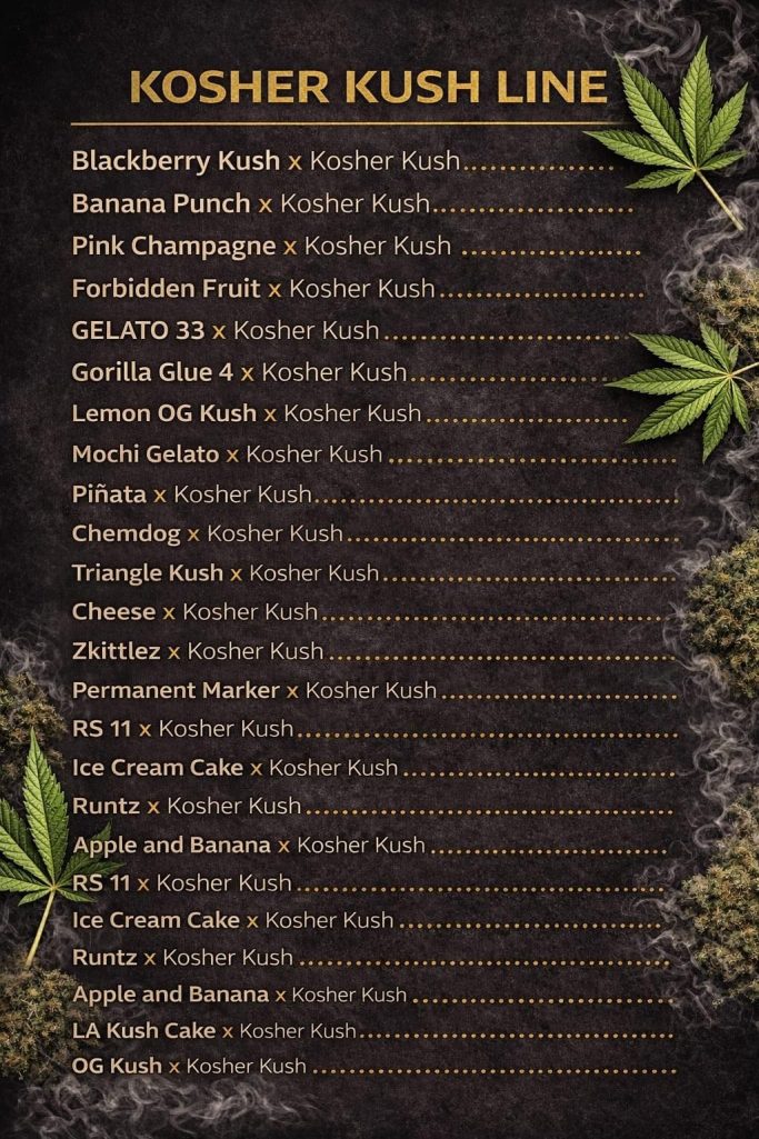 Lista de cepas de cannabis de la serie Kosher Kush, con nombres y descripciones breves.